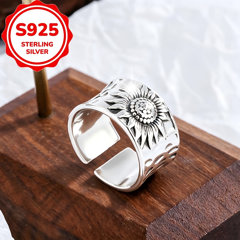 Women's S925 Silver Sunflower Open Ring, Elegant Gift for Couples